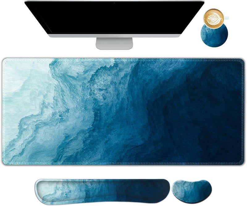AIMSA Large Gaming Mouse Pad Set, Keyboard Wrist Rest Support + Extended Mouse Pad + Mouse Wrist Cushion + Coaster, Ergonomic Memory Foam Multifunctional Desk Mat 35x15.7inch (Dark Blue Waves) - Image 1